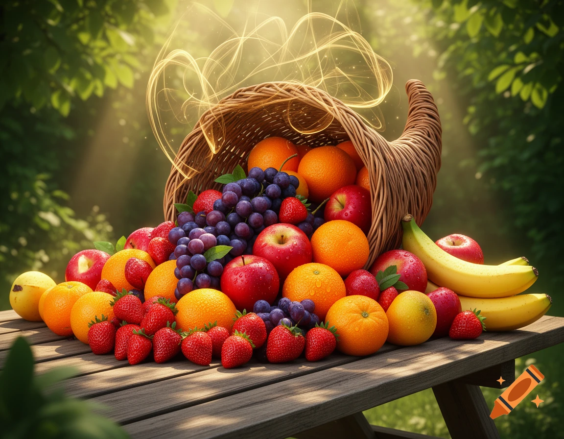 A cornucopia overflowing with colorful fresh fruits including apples, oranges, grapes, bananas, and strawberries, on a wooden table in a sunny outdoor setting.