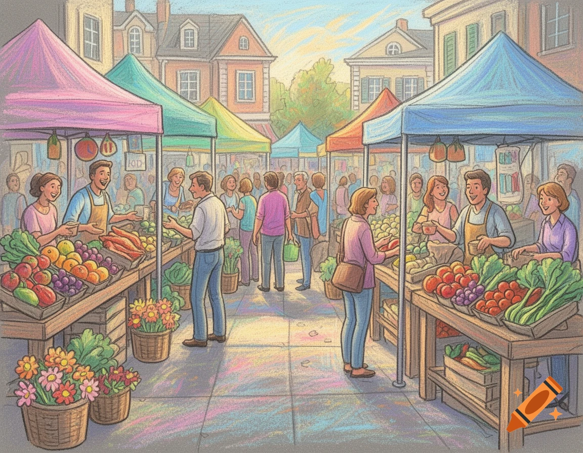 A vibrant farmers market scene with people browsing stalls full of fruits, vegetables, and flowers, rendered in a colorful sidewalk chalk illustration style.
