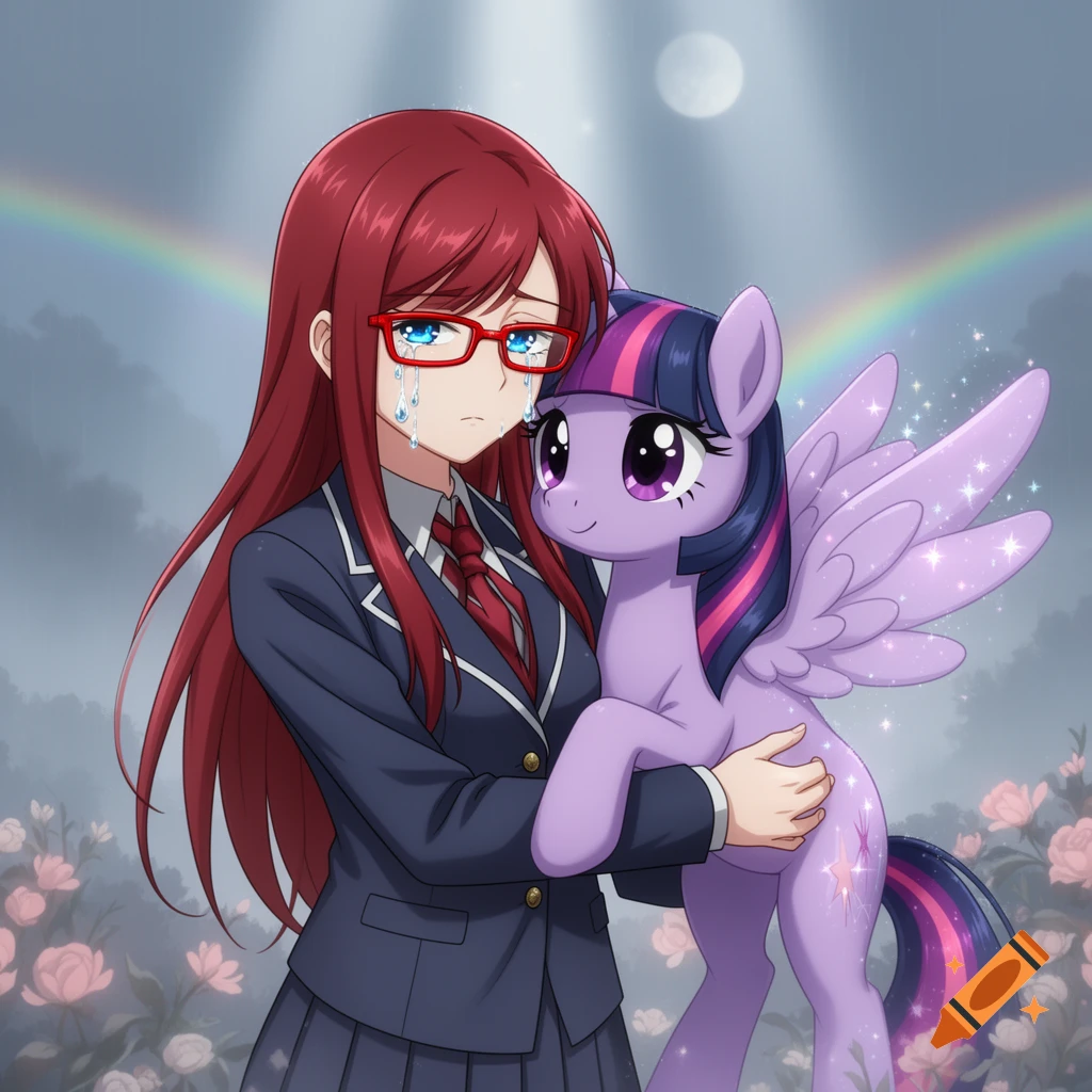 Crying red-haired anime girl in a school uniform hugs Twilight Sparkle under a rainbow and moon with pink flowers. Anime illustration.