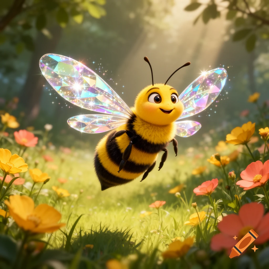 A cute, fluffy cartoon bee with large, sparkling, multicolored diamond-like wings flies over a vibrant green meadow with yellow and orange flowers, bathed in sunlight.