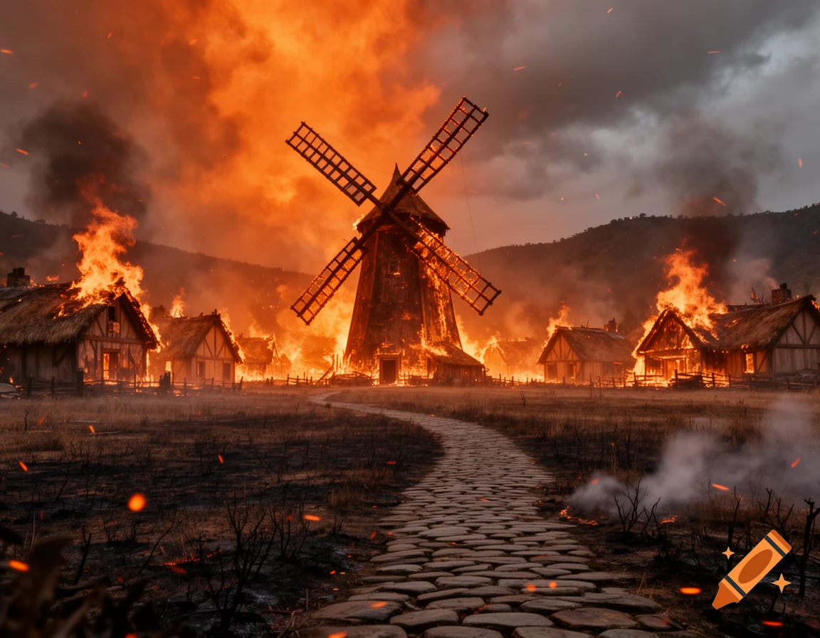 A photorealistic scene of a fantasy village engulfed in flames, with a large windmill burning in the center and a stone path leading through the foreground.