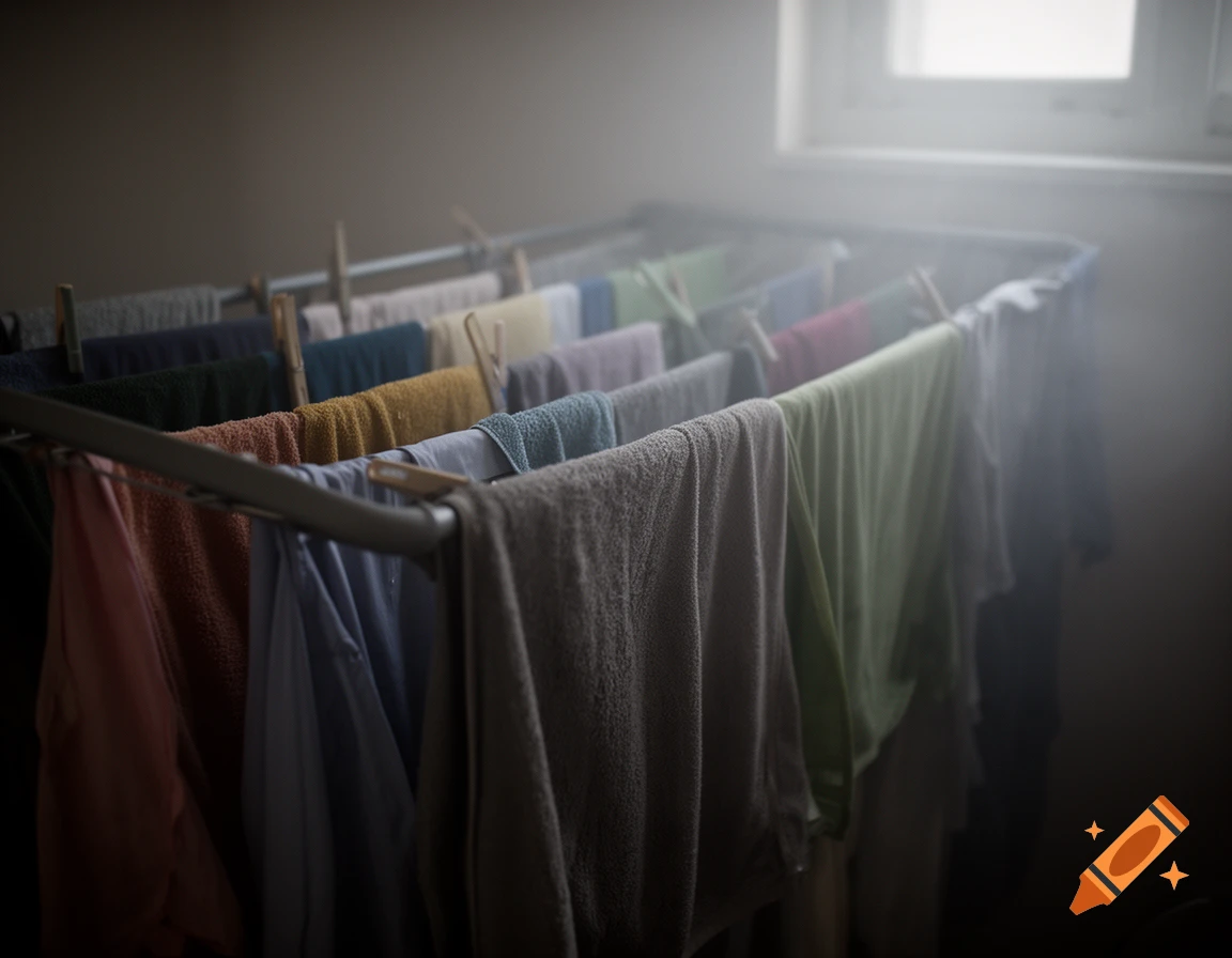 Photorealistic image of colorful laundry drying on a rack in a dim, humid room with soft light from a window.