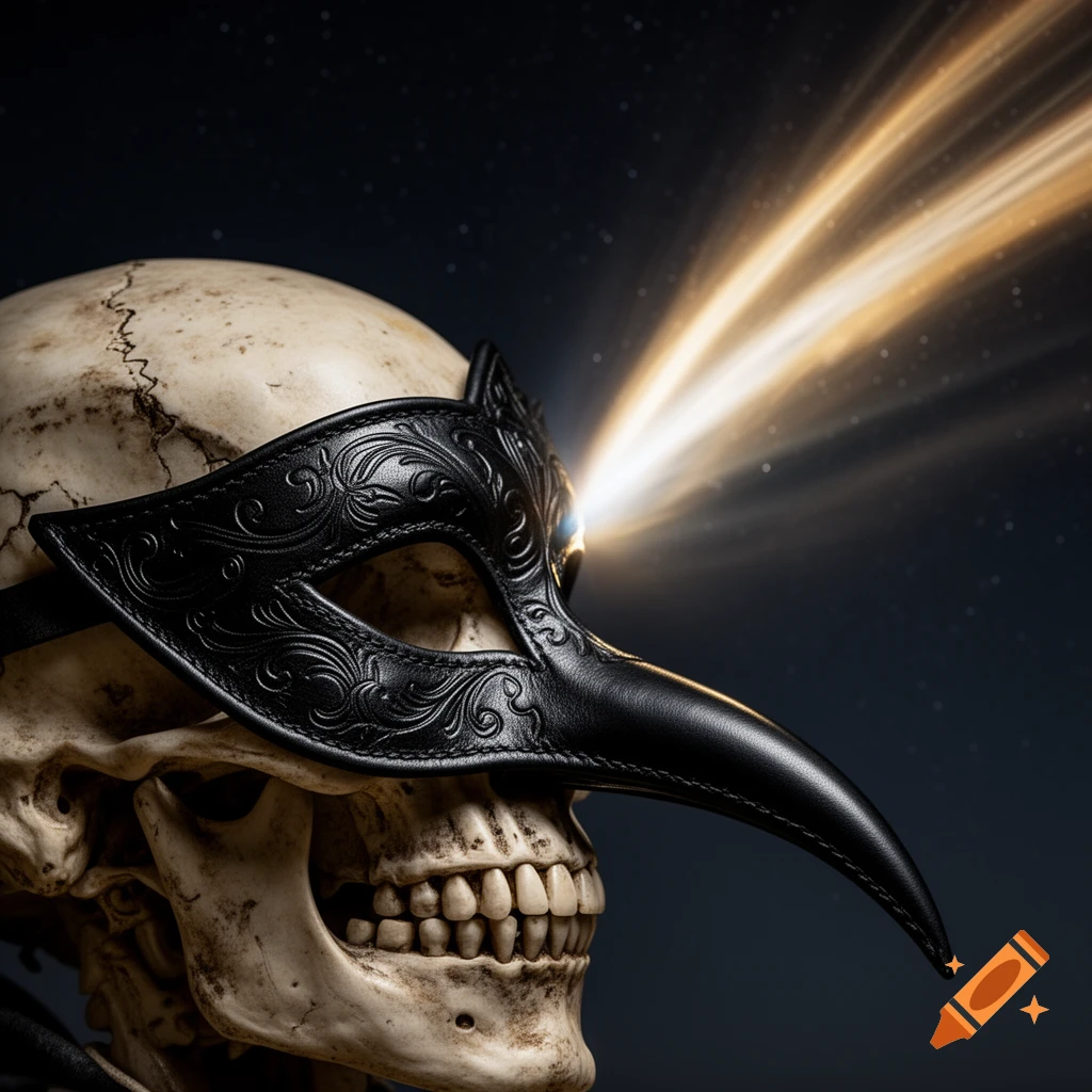 A close-up of a human skull wearing a detailed black beaked masquerade mask, with golden light streaks emanating from one eye socket against a starry night sky.
