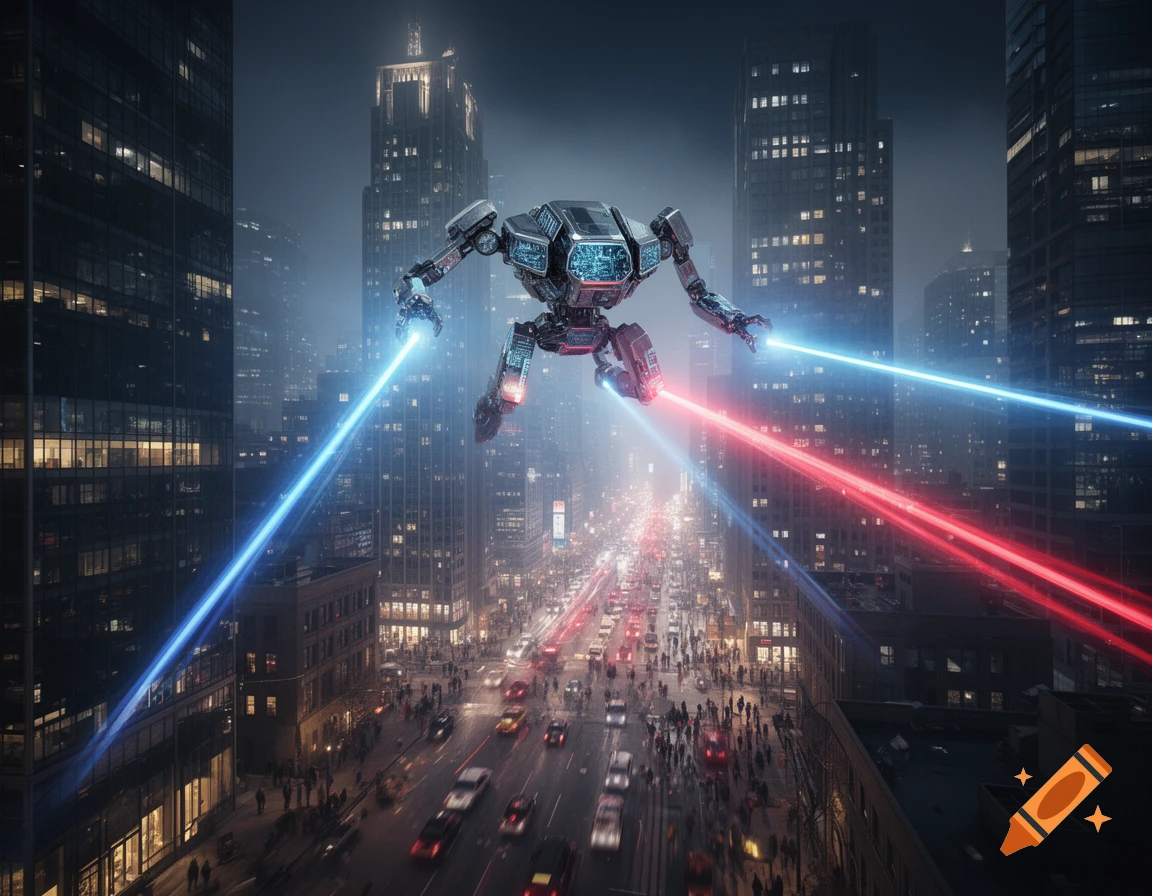A futuristic laser bot hovers over a bustling city street at night, firing blue and red lasers.
