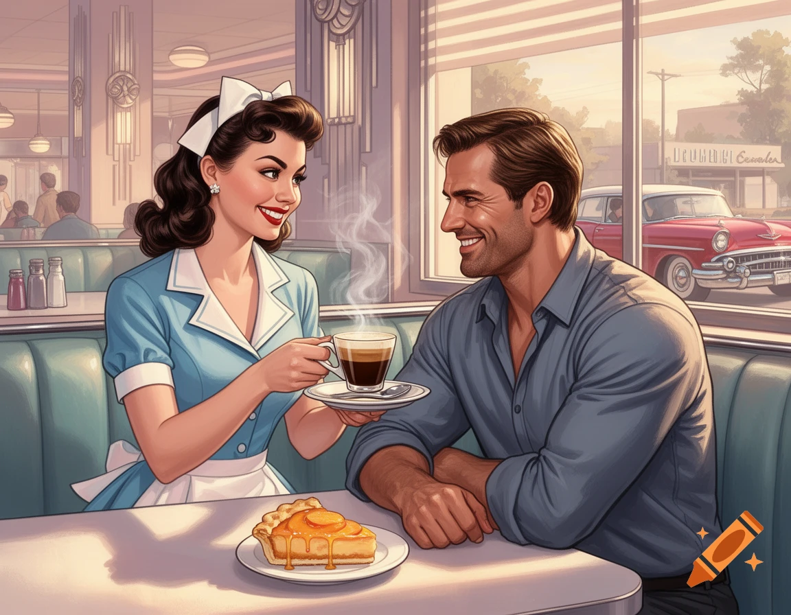 A smiling waitress serves coffee to a man with peach pie in a 1950s diner, in a pin-up art style.