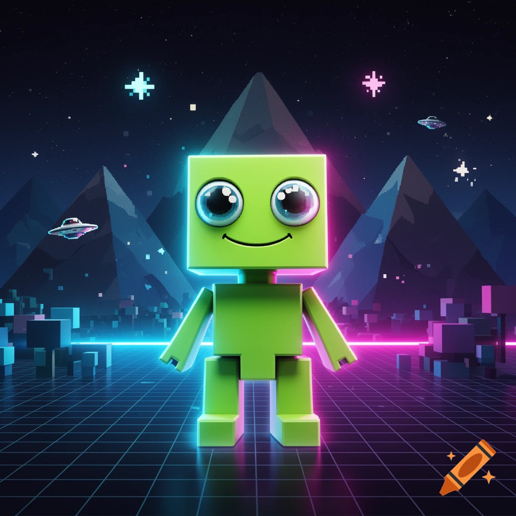 A green, blocky robot alien with big eyes stands on a glowing grid in a retro-futuristic landscape with pixelated mountains and flying saucers.