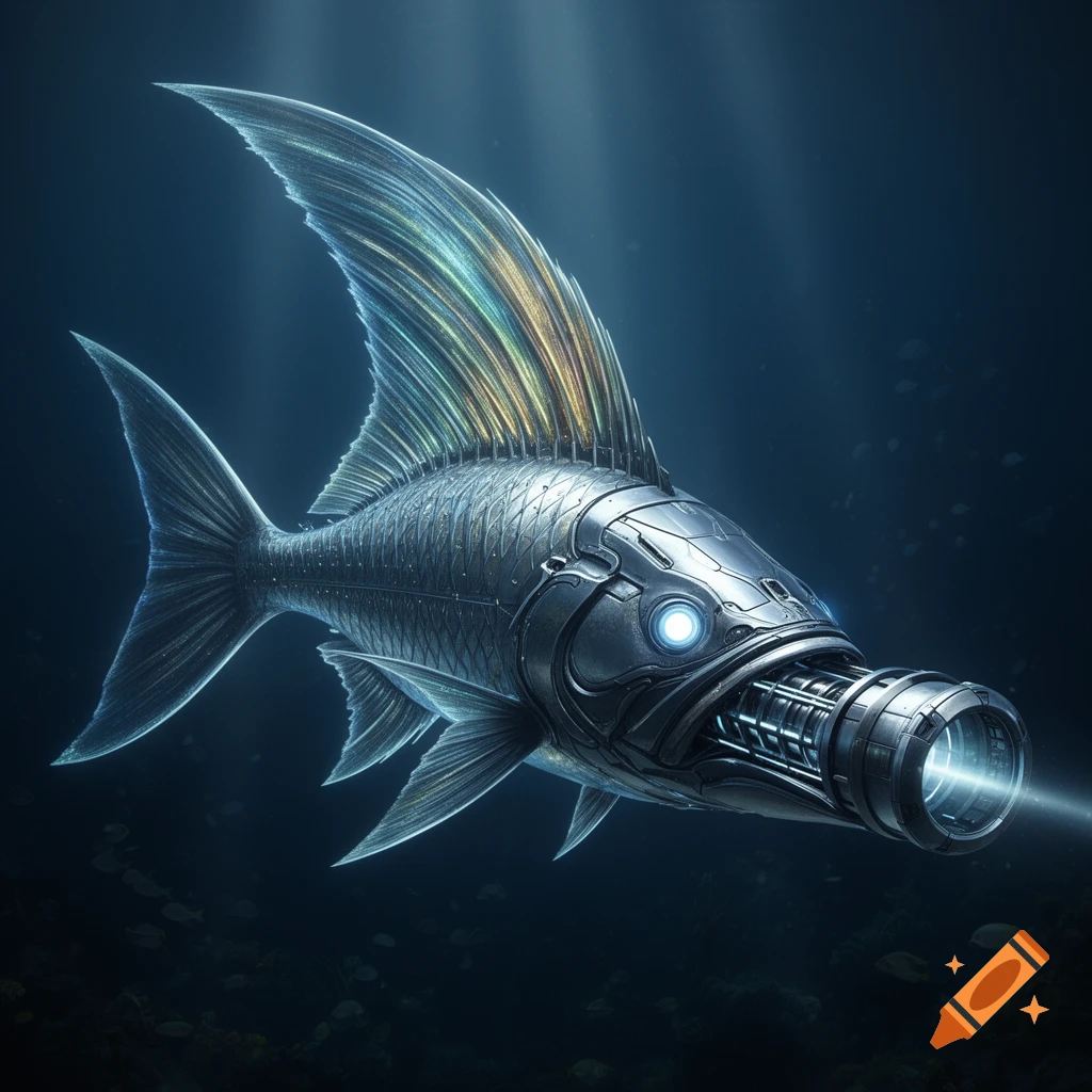 A detailed sci-fi cyborg fish with glowing eyes and a light-emitting mouth swims in dark blue water.