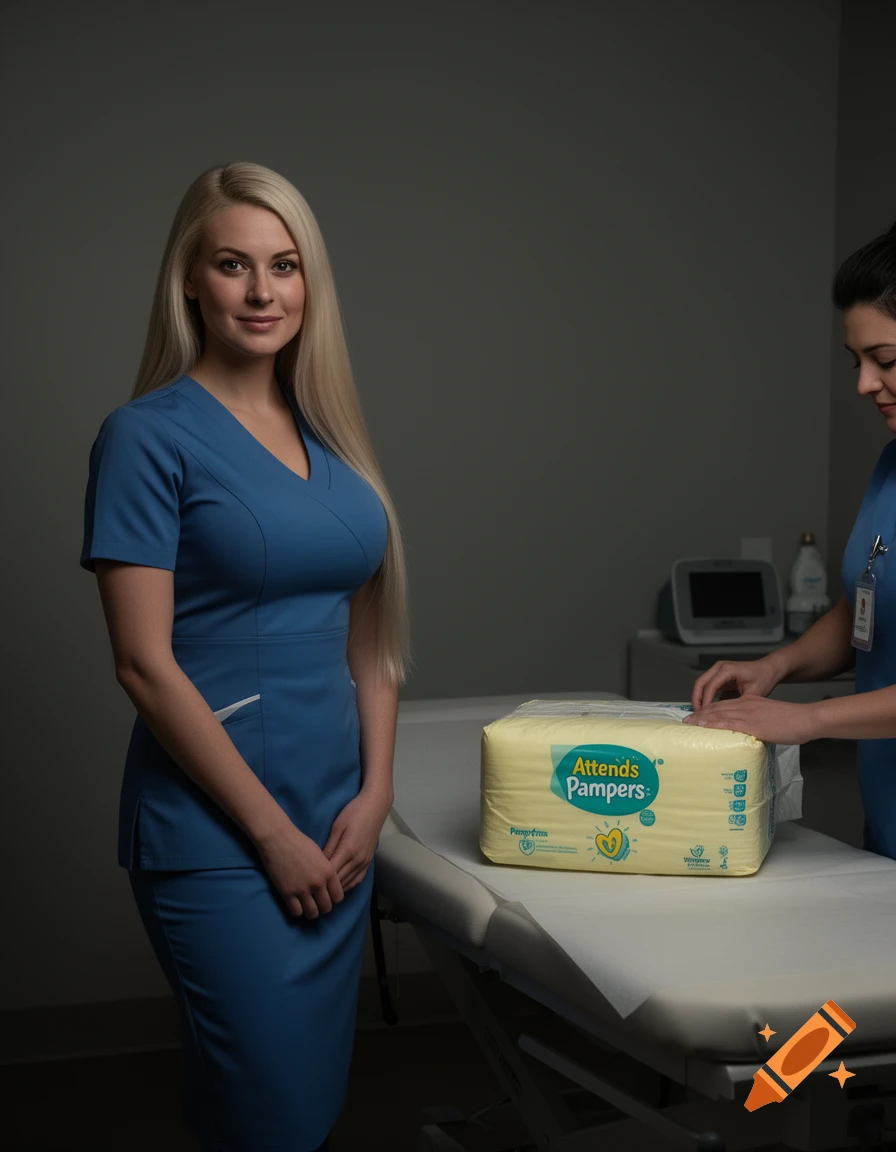 A blonde nurse in a blue uniform smiles at the viewer, standing next to a medical bed with a yellow diaper package, while another nurse attends to it.