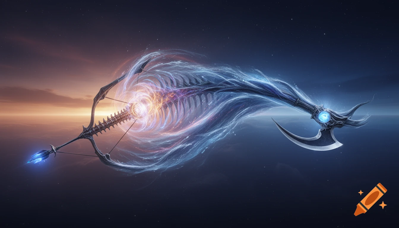 A glowing, intricate fantasy weapon resembling a bow, arrow, and scythe against a cosmic background transitioning from dawn to night.
