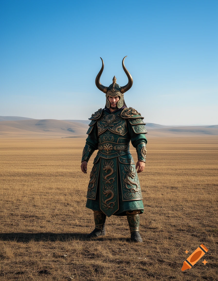 A man in ornate teal and gold horned armor stands in a vast, dry, grassy plain under a clear blue sky.