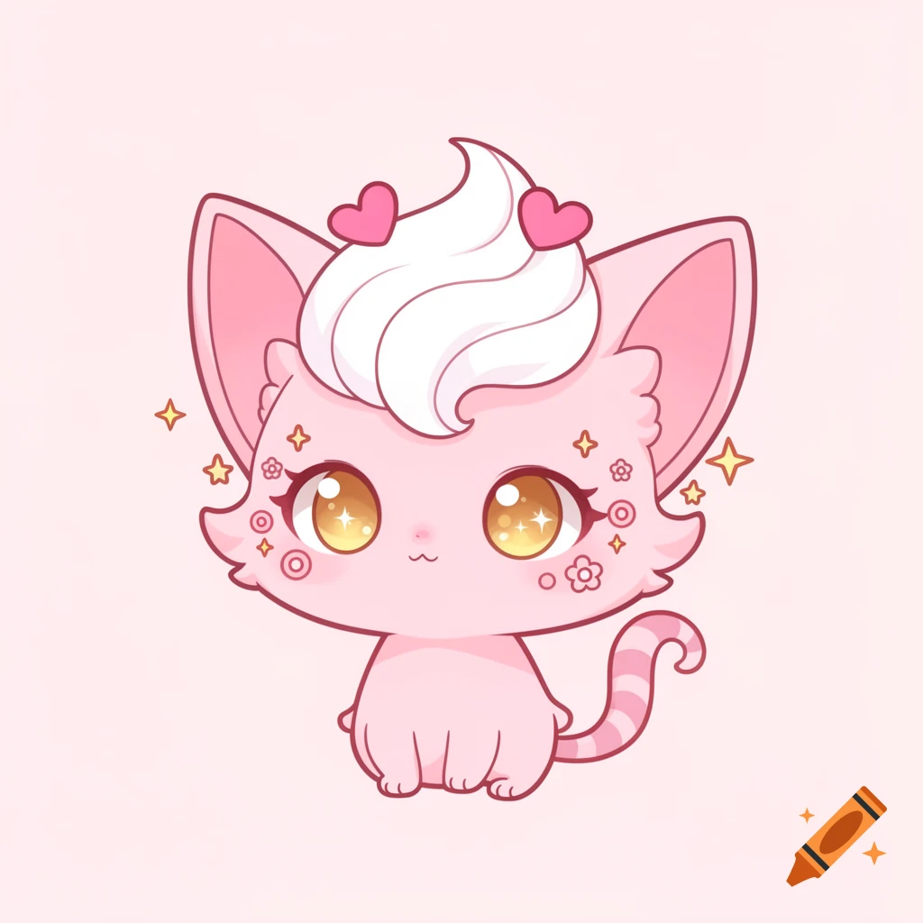 A cute, stylized pink cat-like creature in chibi art style, with a white swirl, pink hearts, and golden, star-highlighted eyes, on a pale pink background.