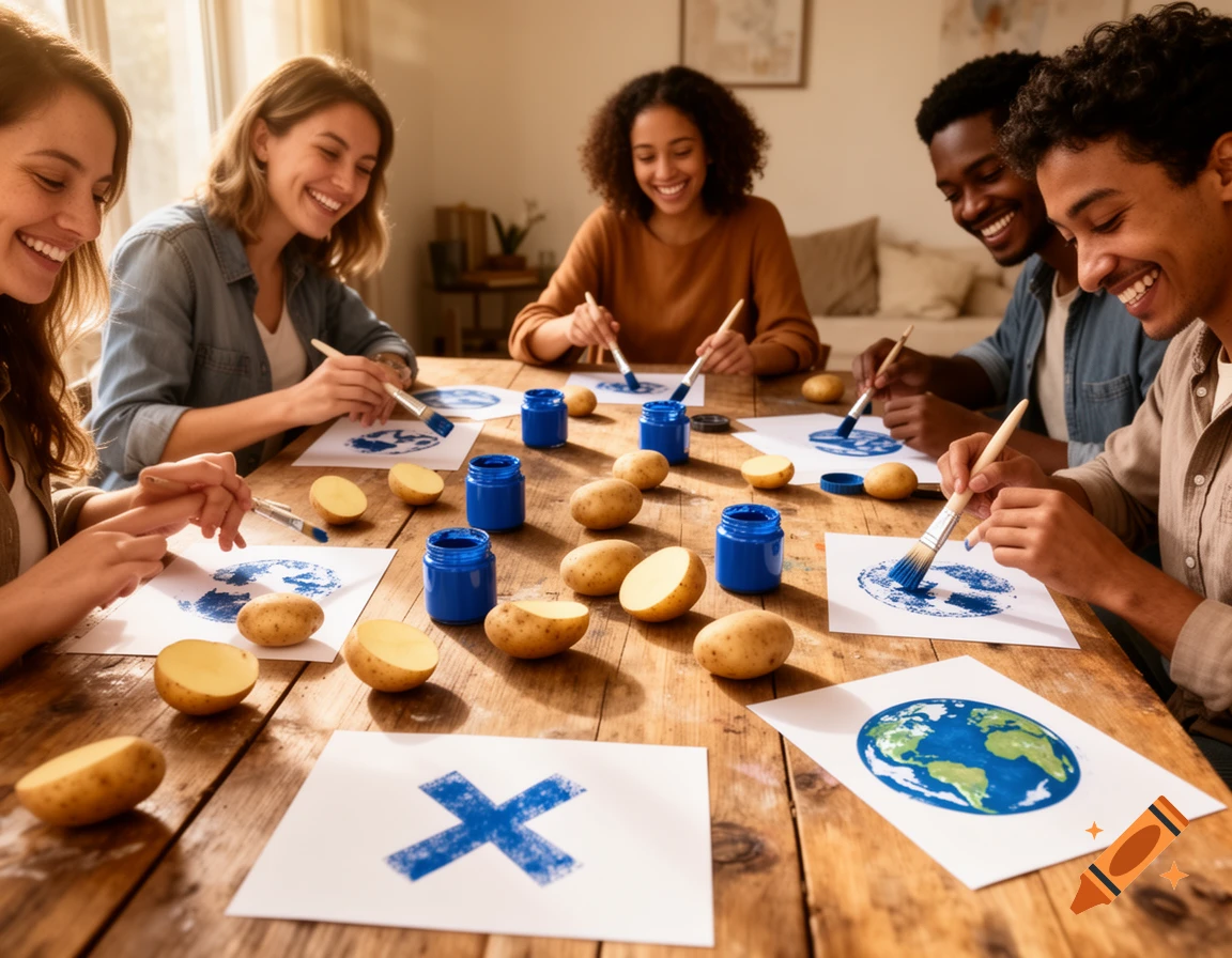 Five happy diverse people doing potato printing at a wooden table, using blue paint to stamp shapes like an X and Earth on paper.