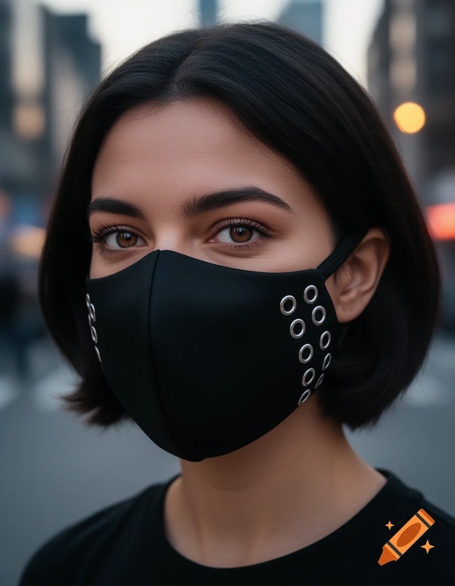 Close-up photorealistic portrait of a woman wearing a black cloth mask with silver grommets, against a blurred city background.