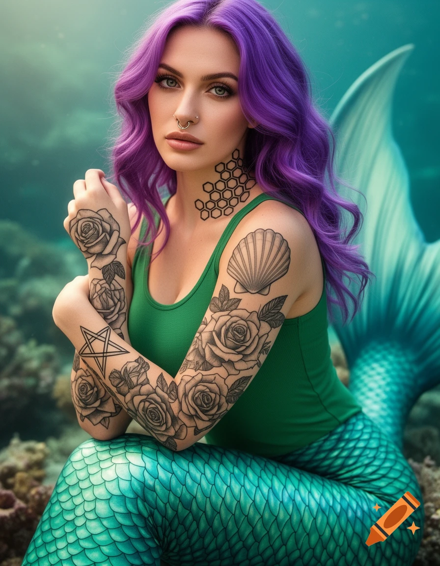 Photorealistic portrait of a woman with vibrant purple hair, a nose piercing, extensive rose tattoos, a pentagram on her forearm, a honeycomb tattoo on her neck, and a seashell tattoo on her shoulder, wearing a green tank top, and a shimmering green-teal mermaid tail, underwater with rocky coral in the background.
