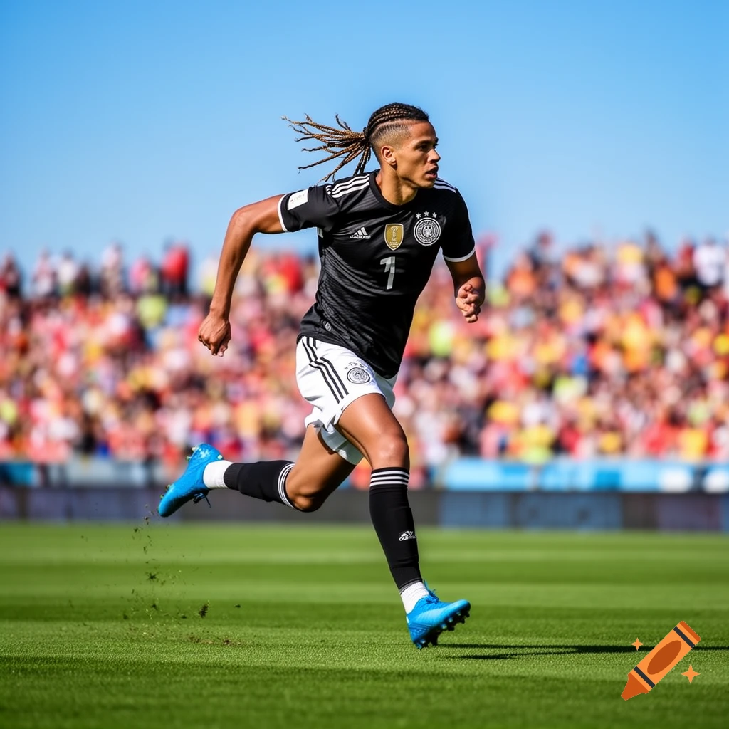 A male soccer player with dreadlocks, wearing a black Germany national team jersey with the number 7, white shorts, and blue cleats, runs across a green field during a sunny match.