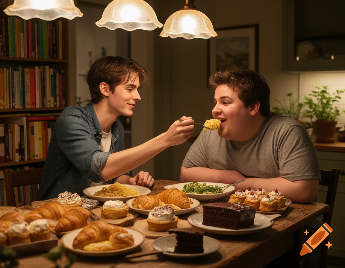 A young man feeds another man spaghetti at a dining table laden with pastries, cakes, and other dishes, in a cozy home setting.