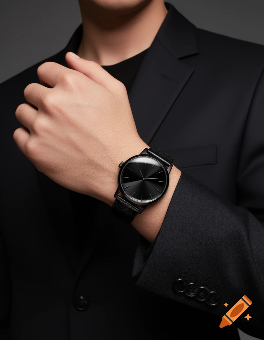Close-up of a person wearing a black suit jacket and a minimalist black watch with a textured strap.