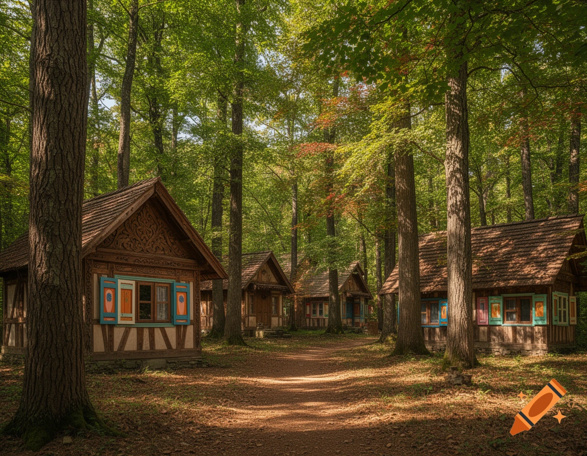 Photorealistic image of several ornate wooden houses with colorful shutters nestled in a sun-dappled forest path.