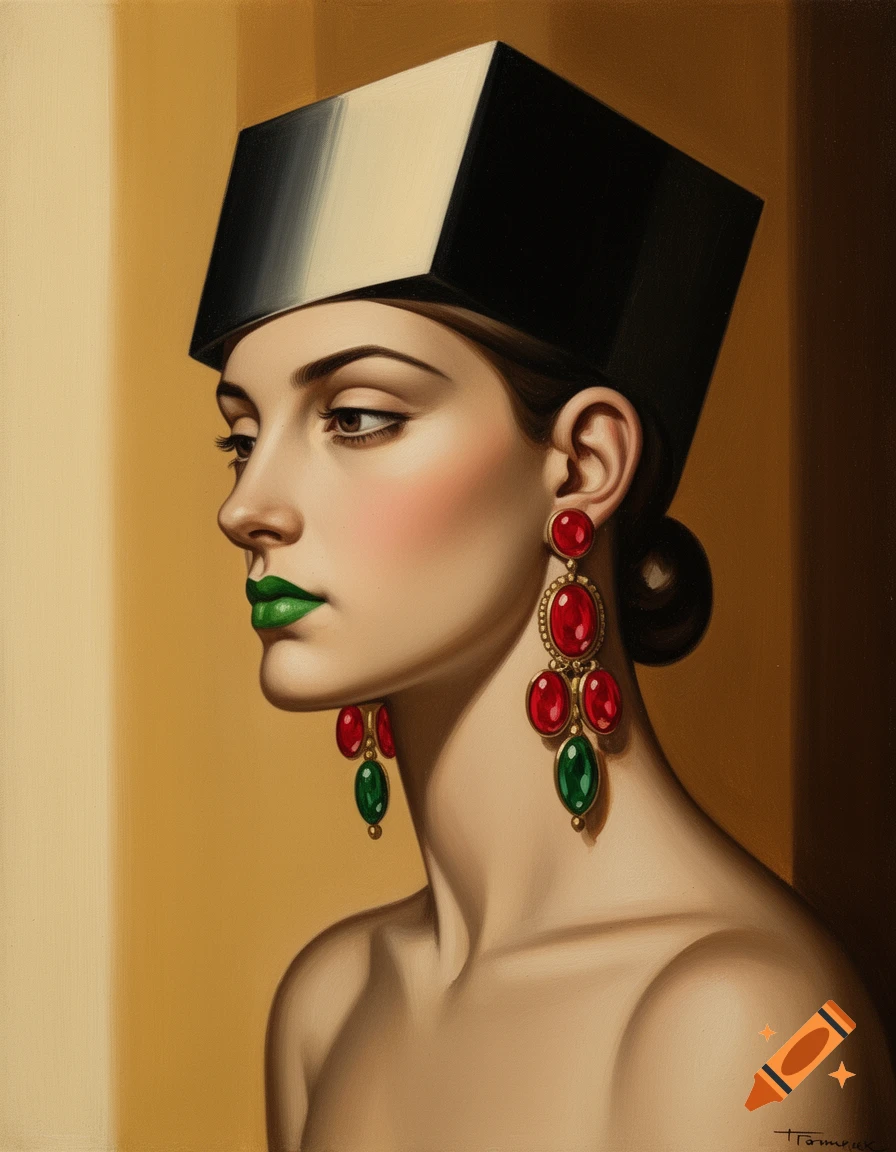 Portrait of a woman in Art Deco style, wearing a geometric black and white hat, green lipstick, and large red and green earrings.