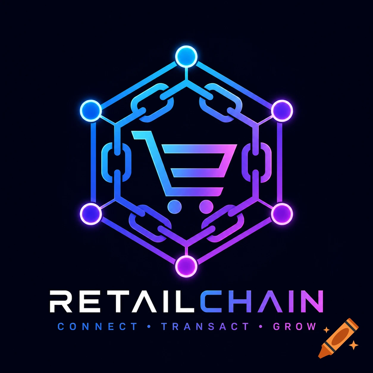 Neon blue and purple gradient logo with a shopping cart, blockchain links, nodes in a hexagon, and 'RETAILCHAIN' text.