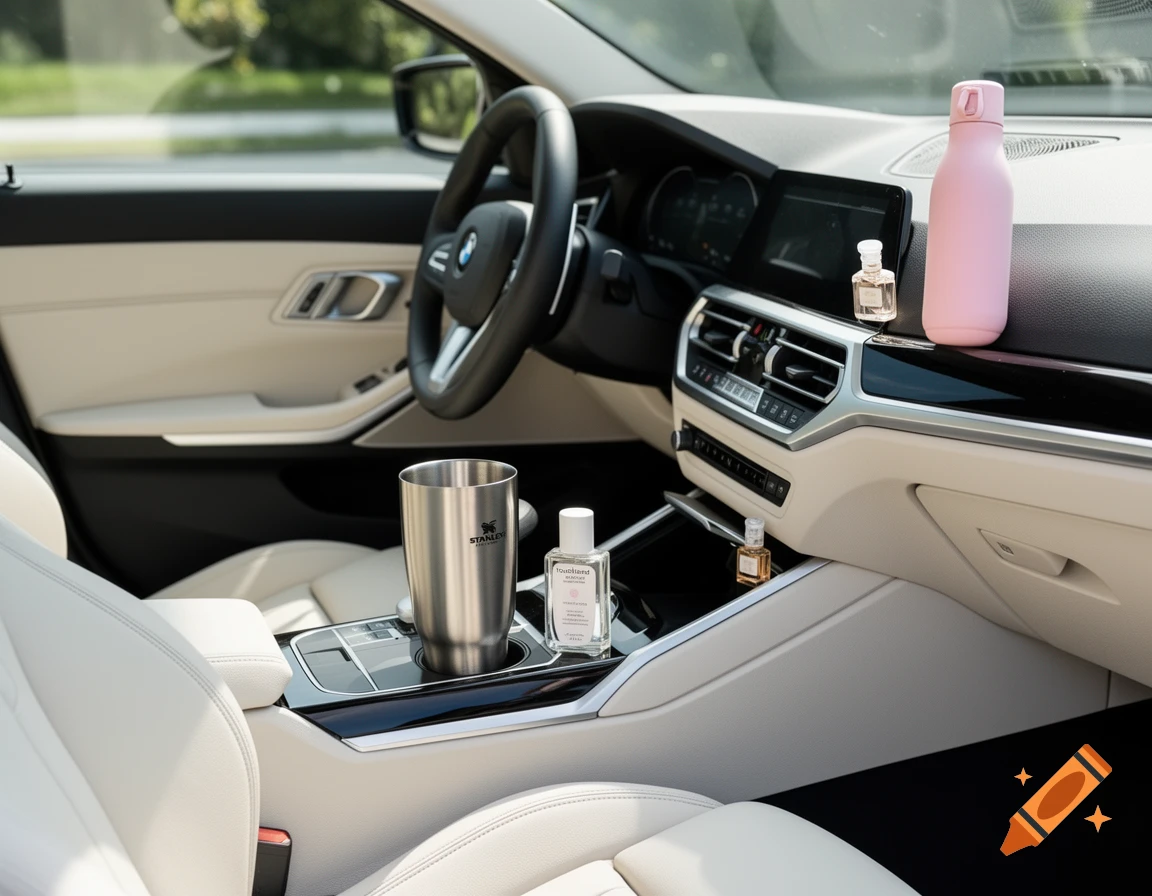 Photorealistic interior of a BMW with beige seats, featuring a Stanley cup, Touchland hand sanitizer, and a pink water bottle.