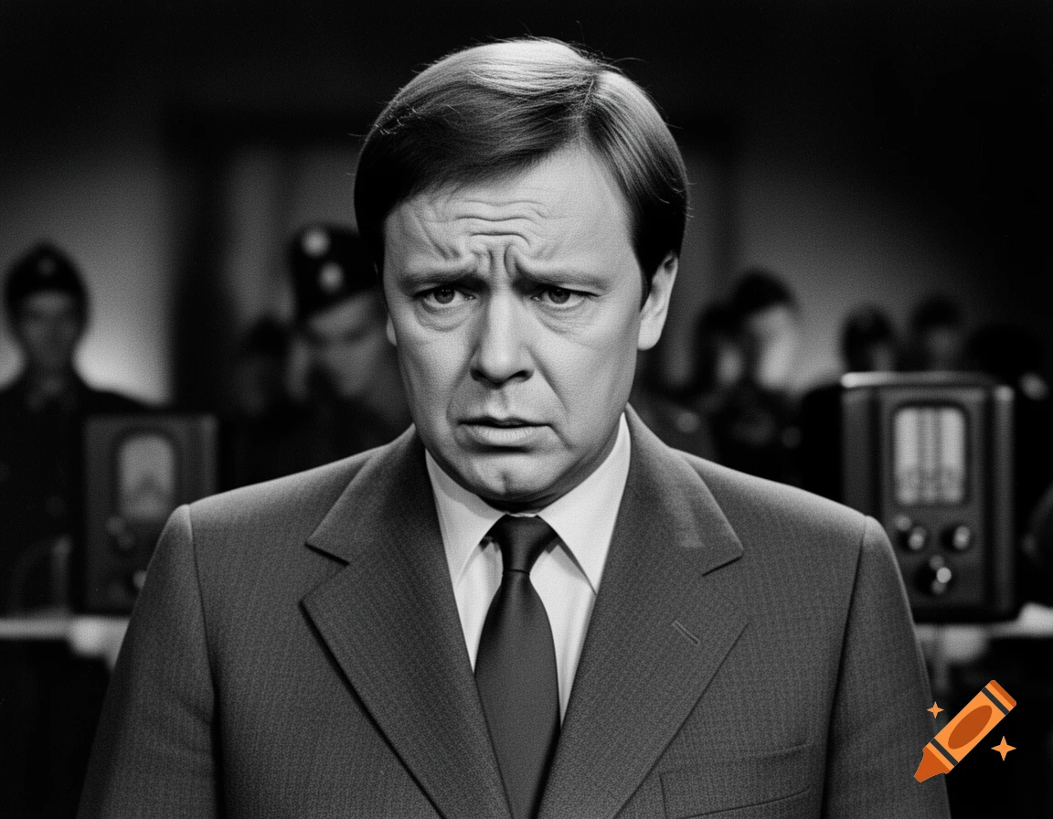 Close-up, black and white, historical-style portrait of a worried man in a suit, with blurry figures and screens in the background.