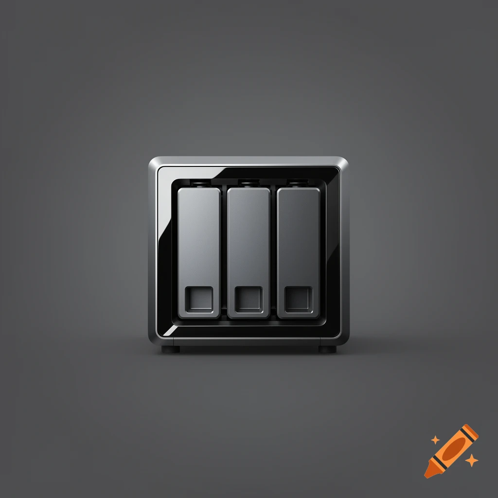 Minimalist photorealistic render of a metallic NAS device with three vertical drive bays on a dark background.