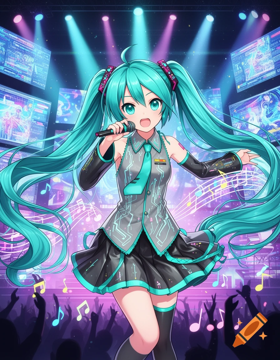 Hatsune Miku, an anime character with long turquoise pigtails, sings into a microphone on a vibrant stage with neon lights and digital screens, surrounded by silhouetted fans and musical notes.