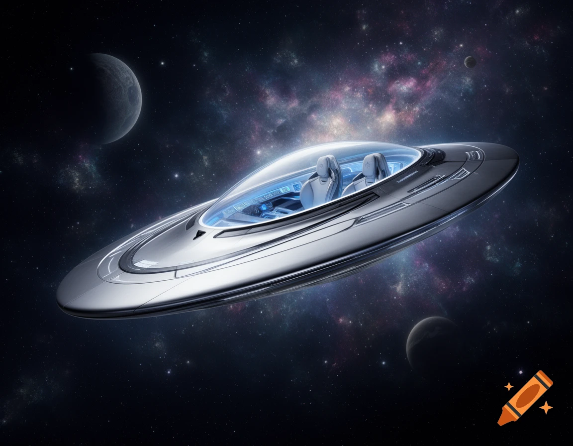 Sleek silver spaceship with a transparent cockpit flying through a star-filled nebula with planets.