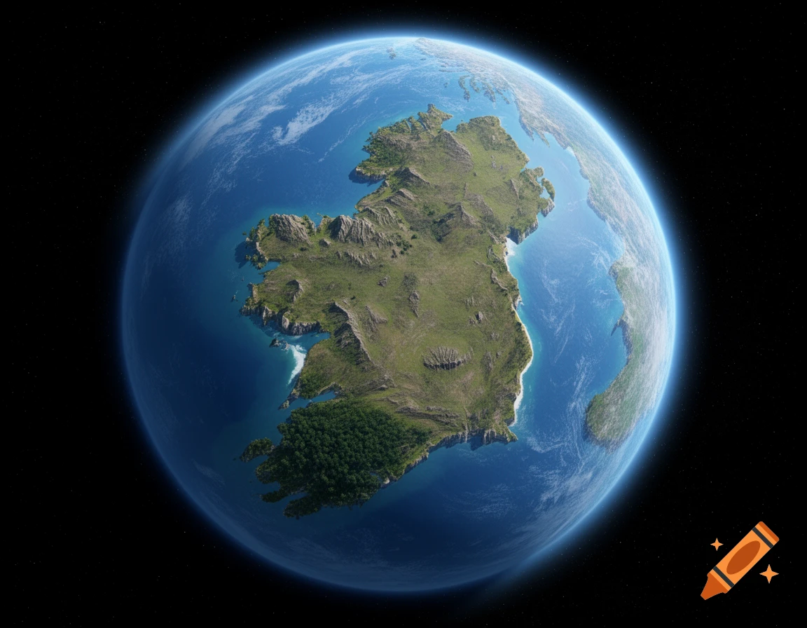 Photorealistic Earth from space featuring a green and rocky continent shaped like County Louth, Ireland, surrounded by blue oceans.