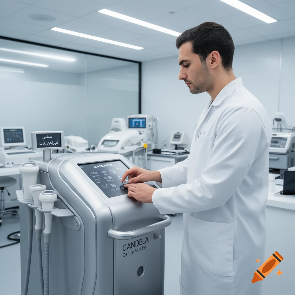 A man in a white lab coat operates a CANDELA Gentle Max Pro laser device in a modern medical clinic.