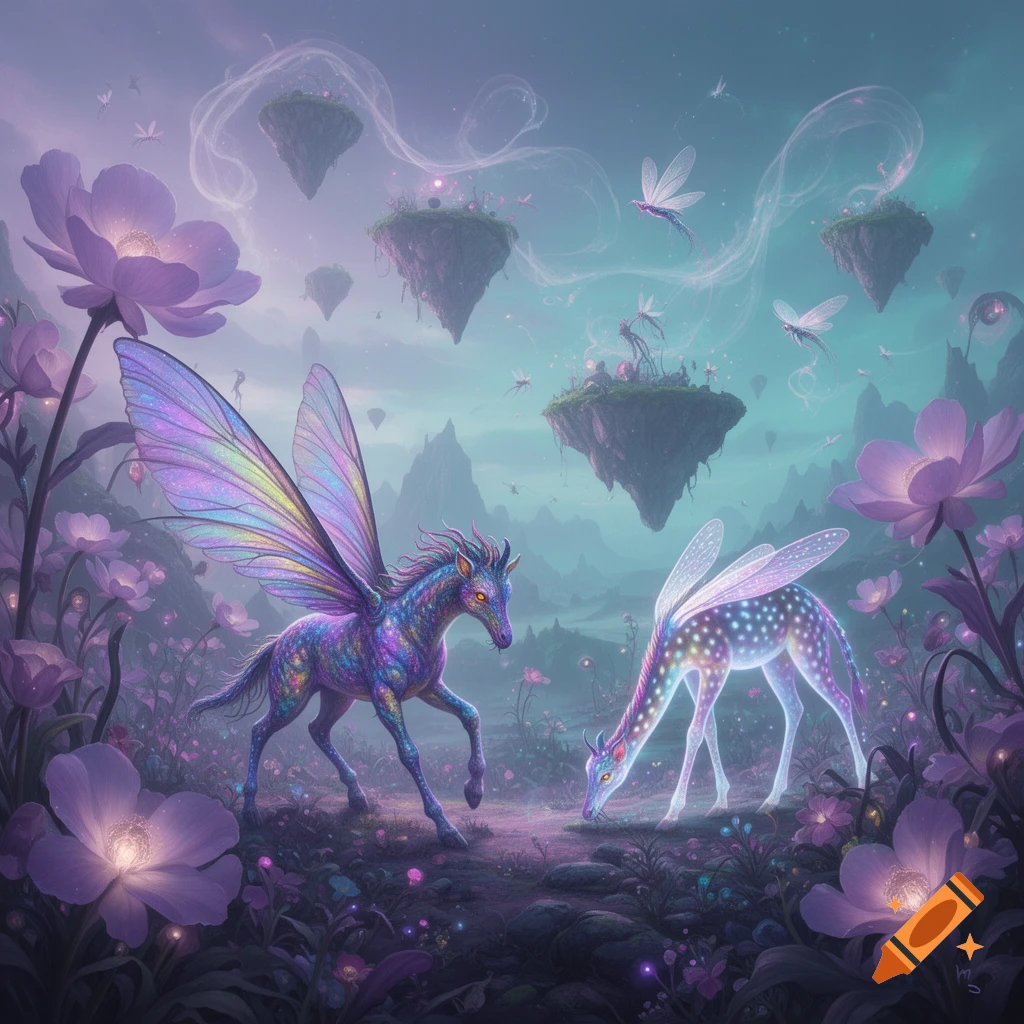 A vibrant winged horse-like creature and a glowing winged deer-like creature stand in a field of purple flowers, with floating islands in the background.