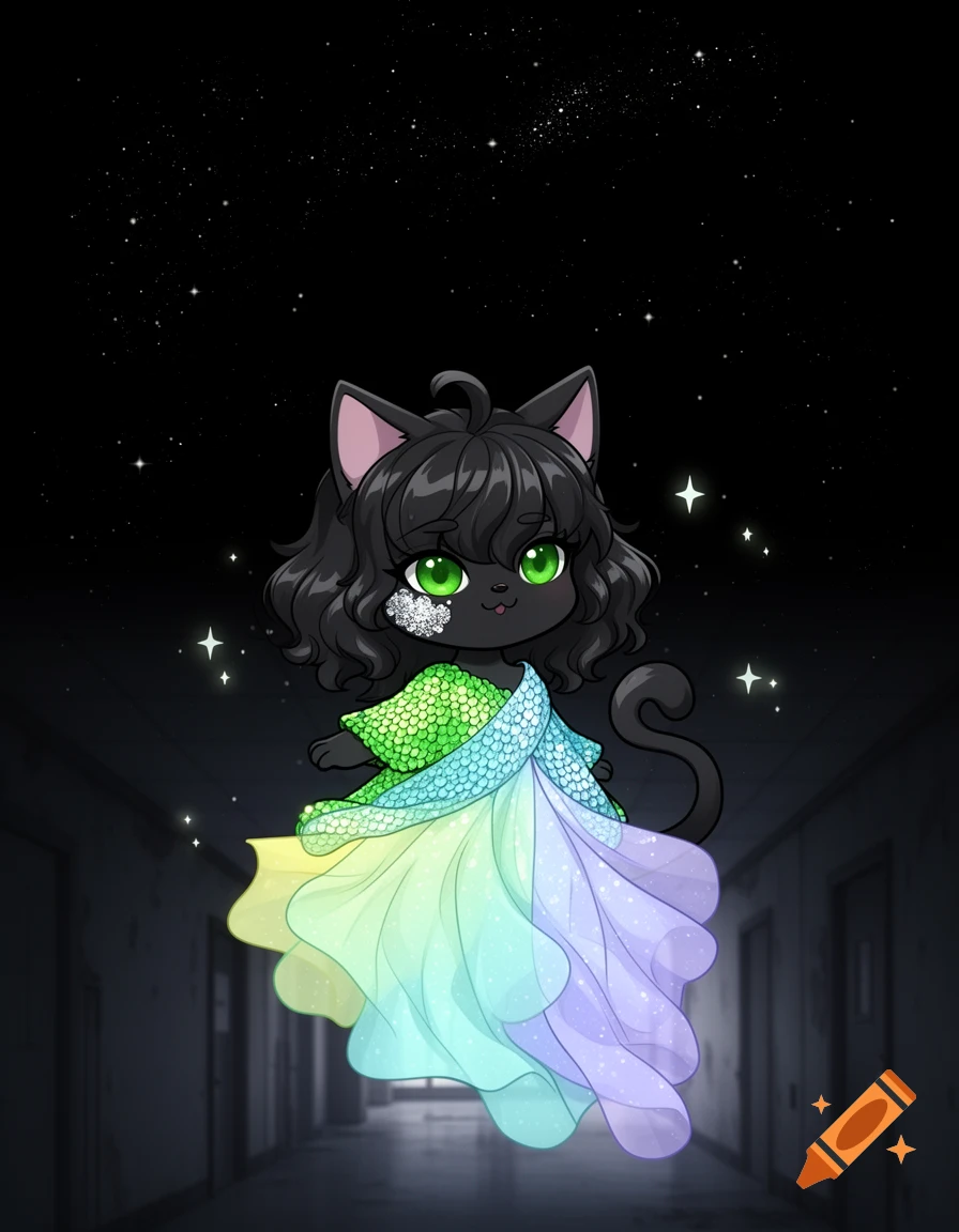 A cute chibi black cat with green eyes and a glitter beauty mark wears a colorful sequin and ethereal rainbow dress, floating against a starry sky and dark hallway.