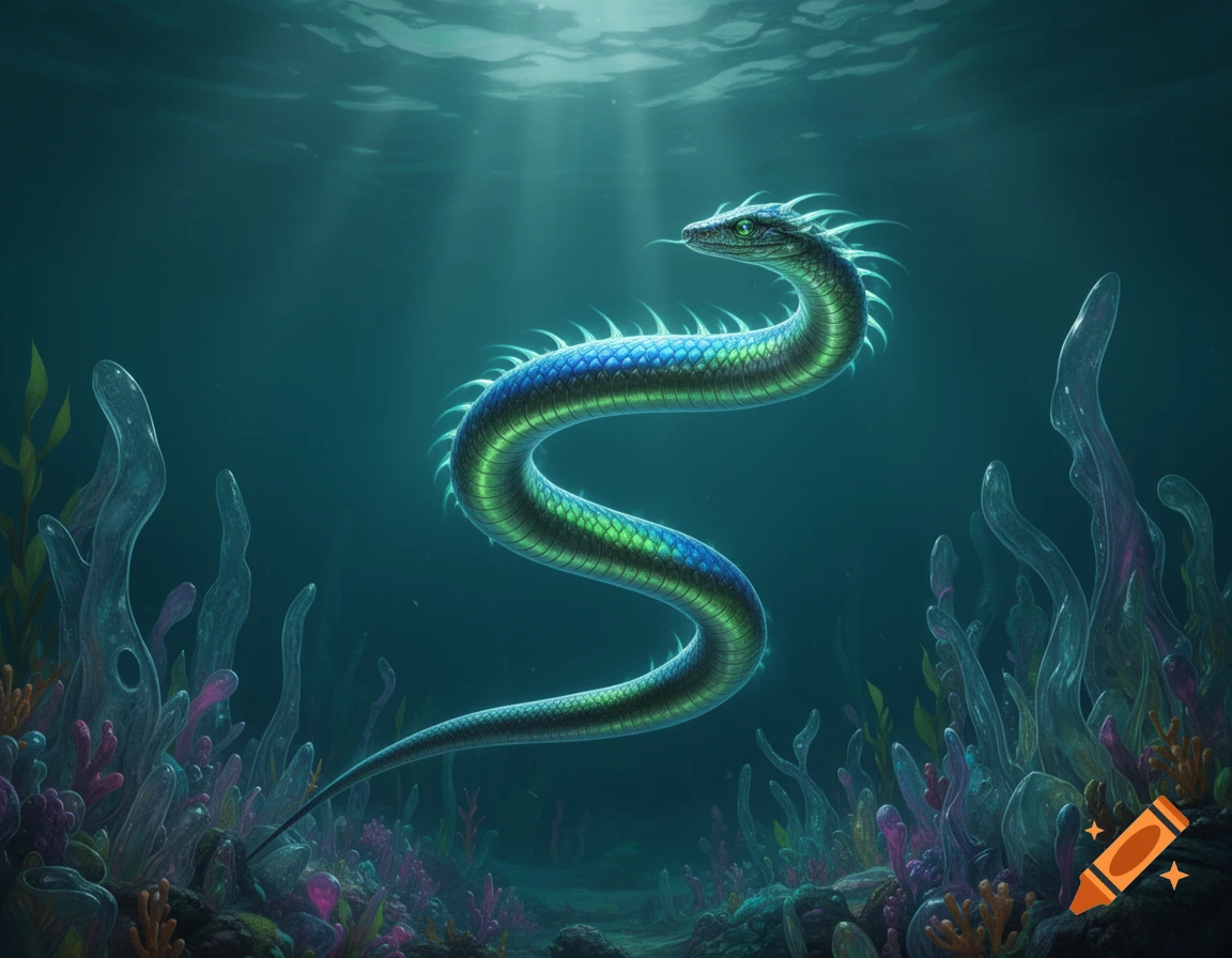 A luminous, spined alien sea snake with blue and green scales swims through clear blue water above glowing coral and plants.