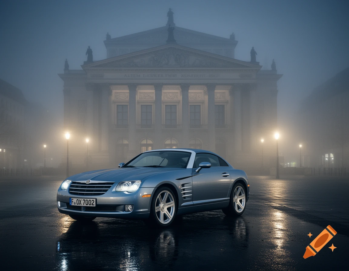 A silver-blue Chrysler Crossfire parked on a wet street in front of a grand classical building on a foggy night.
