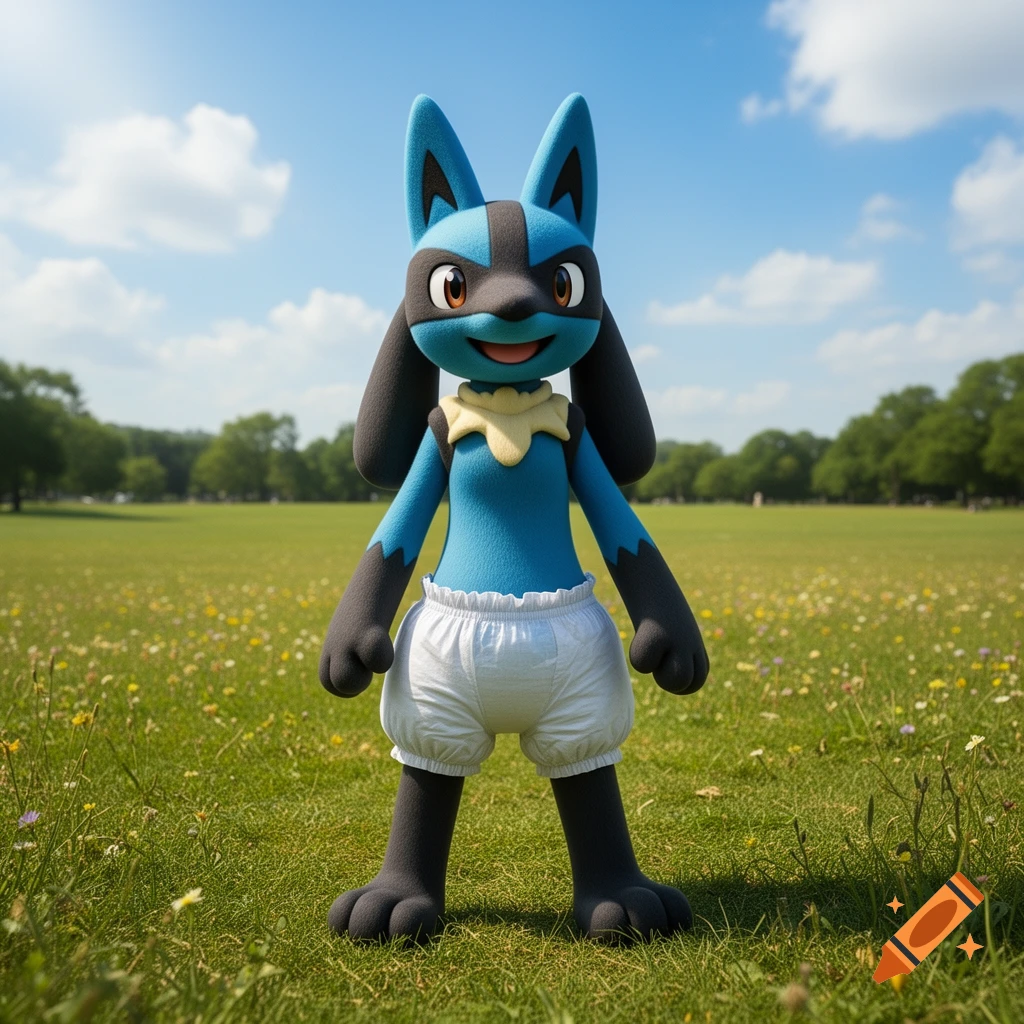 A smiling Lucario from Pokemon, wearing white ruffled pullups, stands in a sunny green field at a park.
