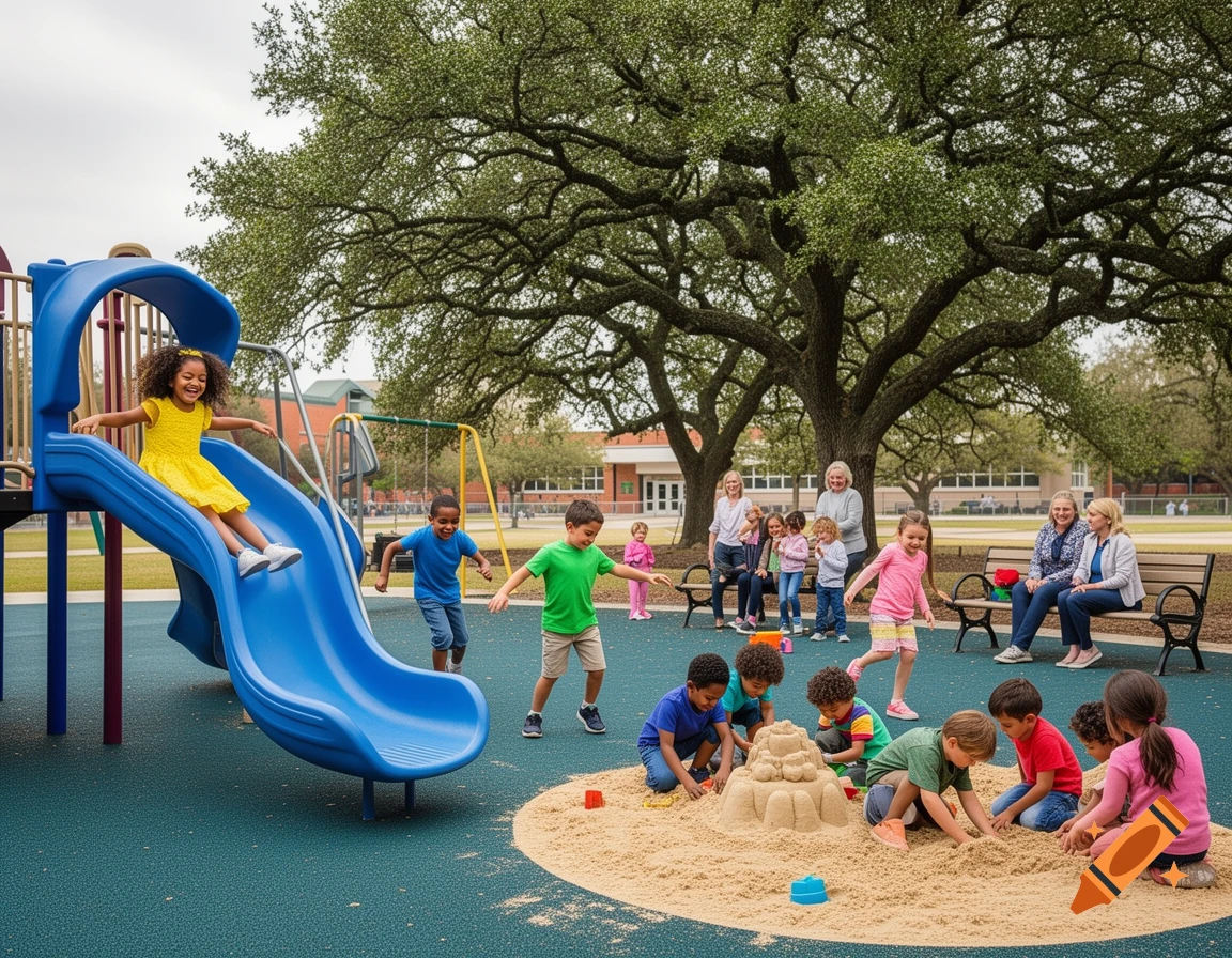 Photorealistic image of children playing on a blue slide and in a sandbox, with adults watching from benches in a park setting.