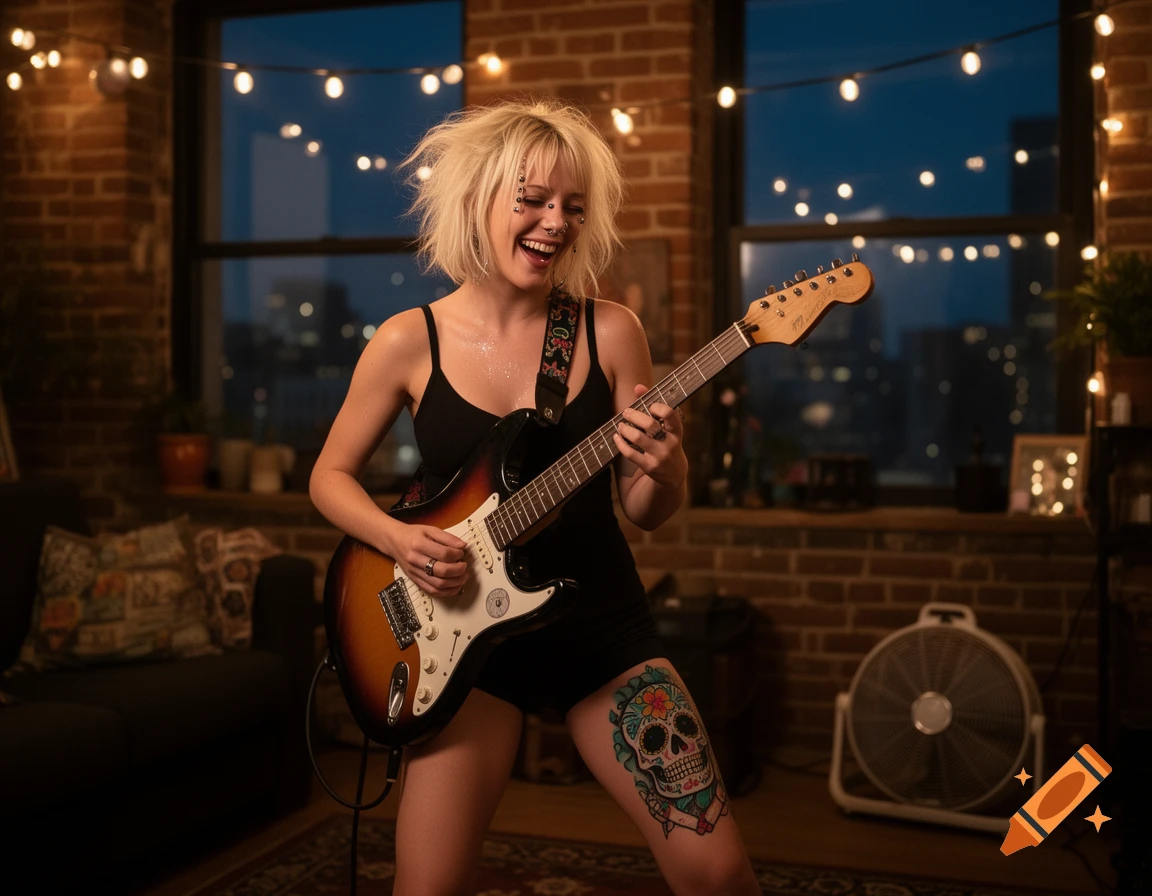 A happy blonde woman with wild hair and facial piercings plays an electric guitar in a loft apartment at night. A sugar skull tattoo is on her leg.