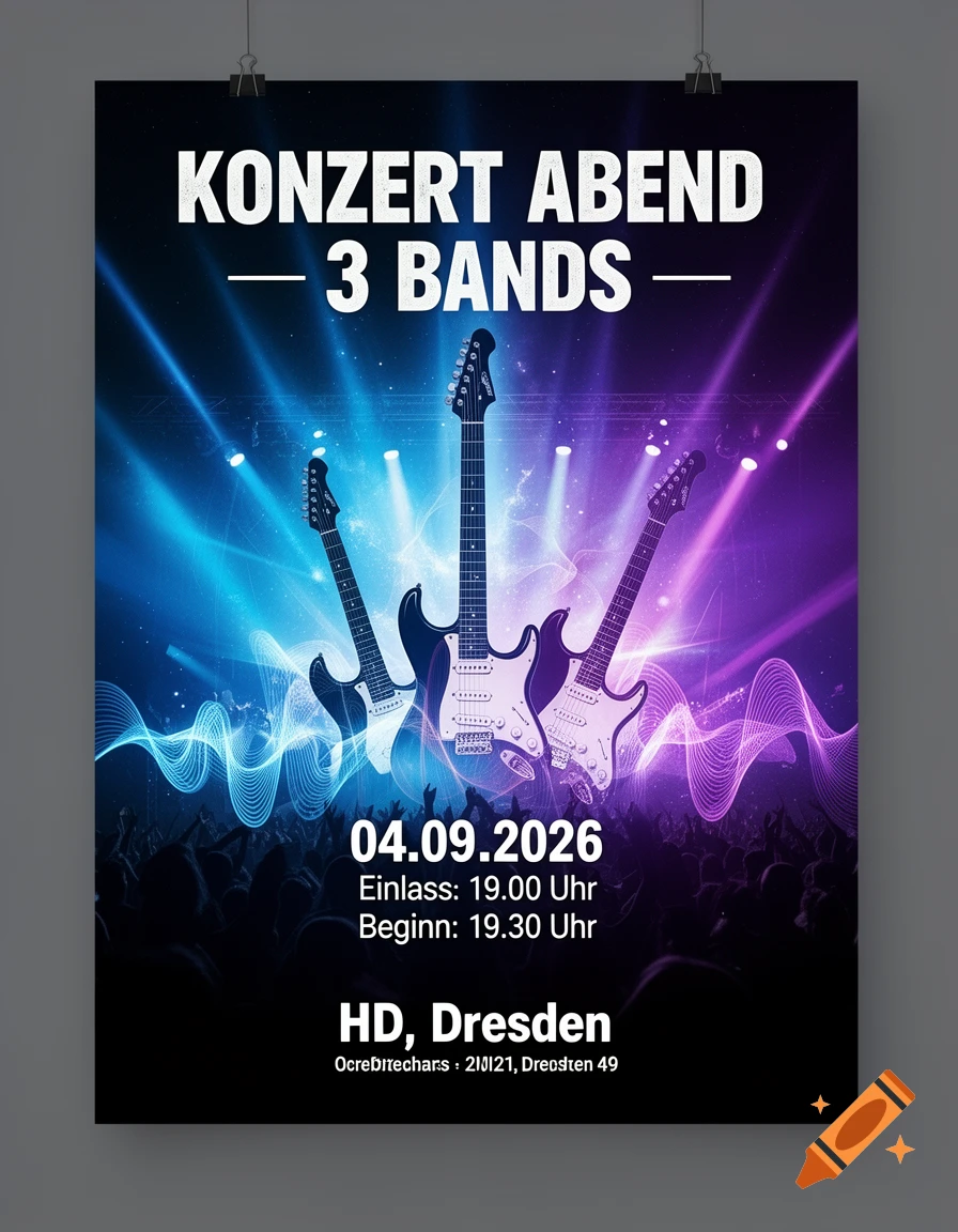 Concert poster with three electric guitars, a silhouetted crowd, and vibrant blue and purple stage lighting.