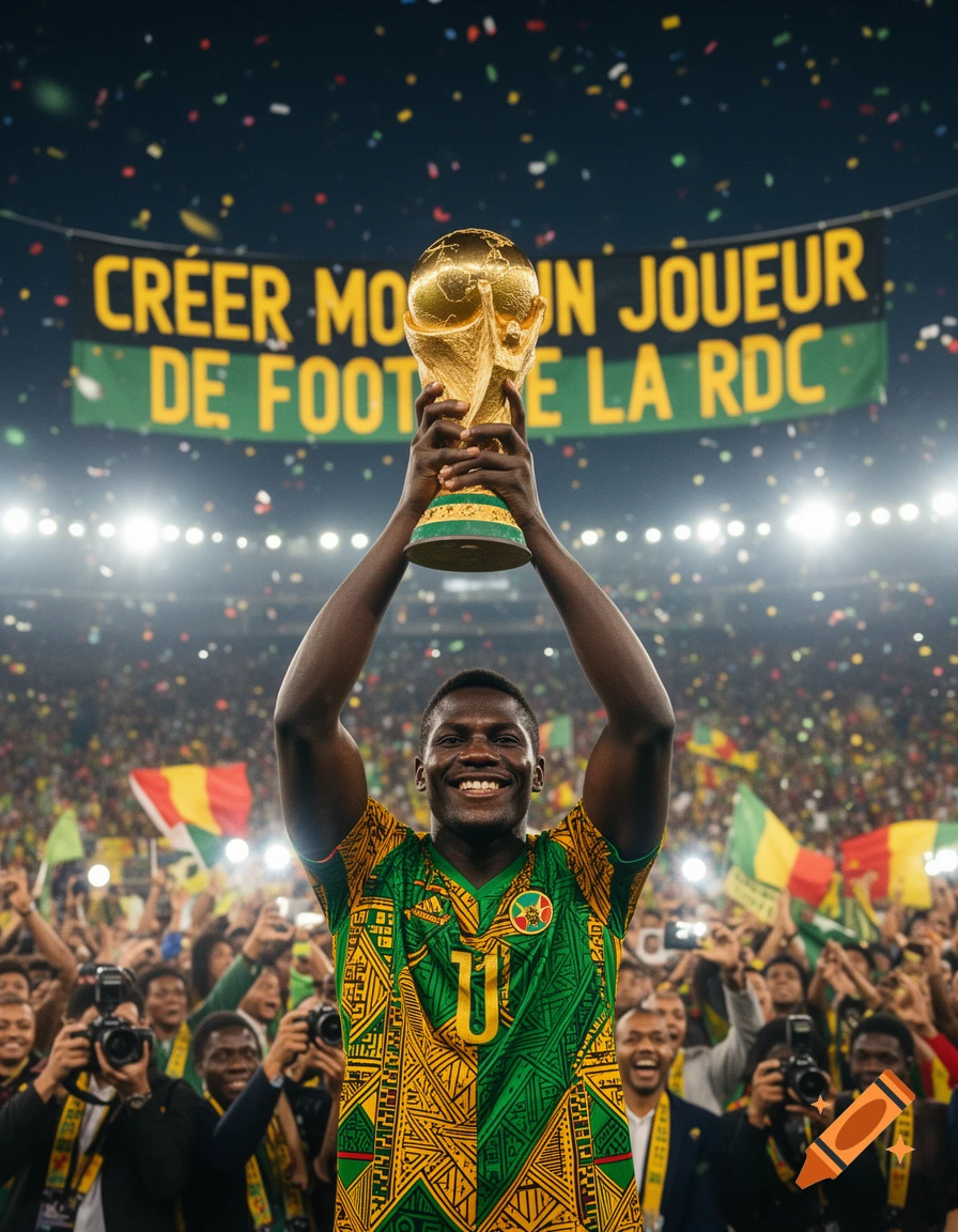 A smiling soccer player in a green and yellow jersey holds a golden trophy overhead in a stadium with confetti.