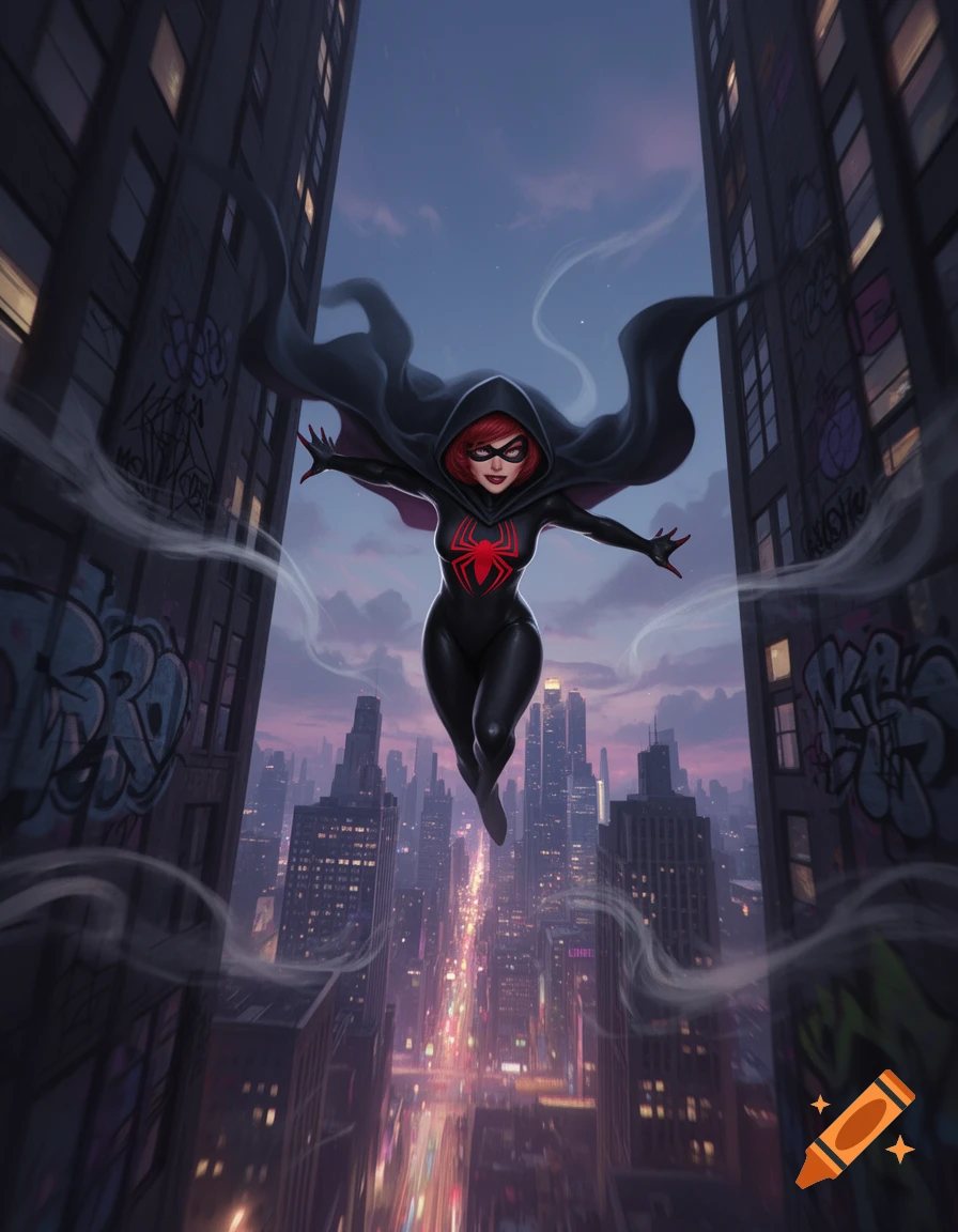 A female Spider-Gwen-like character in a black suit with a red spider emblem and a dark cape, floats between two skyscrapers at dusk, looking down at a brightly lit city street.