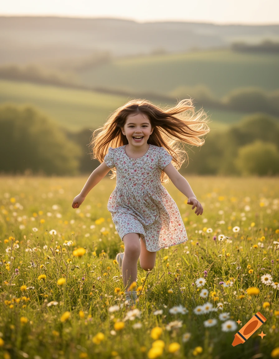 A smiling young girl with long hair runs joyfully through a sunlit field filled with yellow and white flowers.