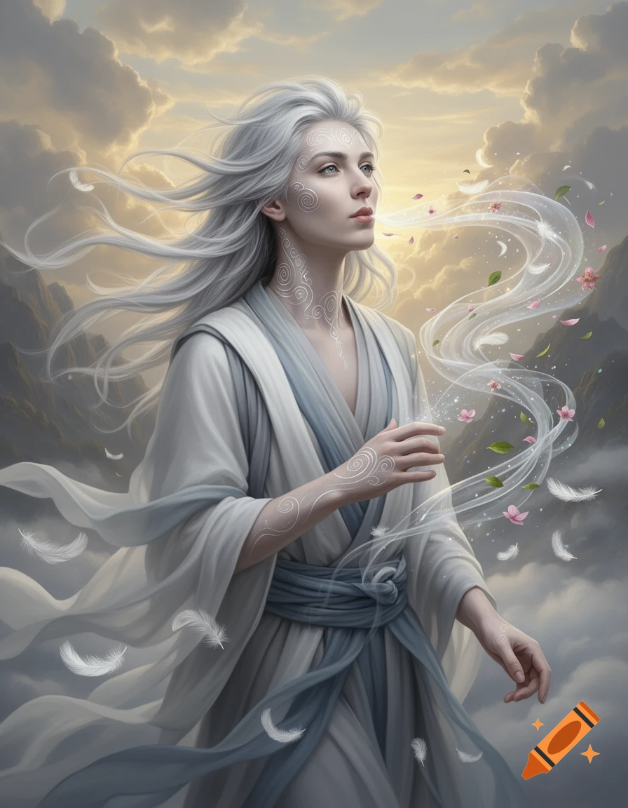 Hyper-realistic portrait of an ethereal figure with long silver hair, white robes, and glowing markings, against a cloudy sky with wind-blown feathers and petals.