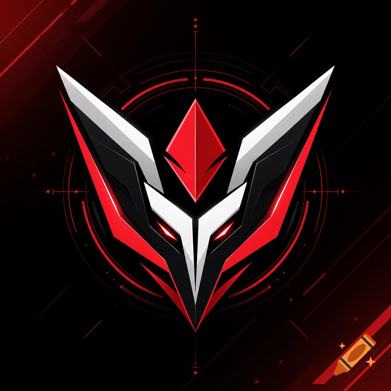 A stylized black, white, and red e-sports logo resembling a futuristic bird or mask with glowing red eyes, against a dark, geometric background.