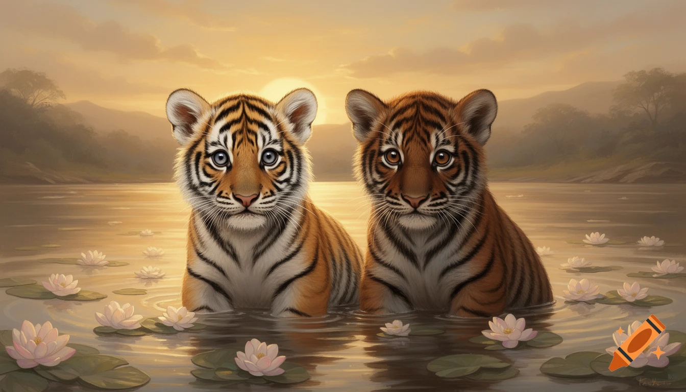 Two semi-realistic baby tigers stand in shallow water with lily pads at sunset.