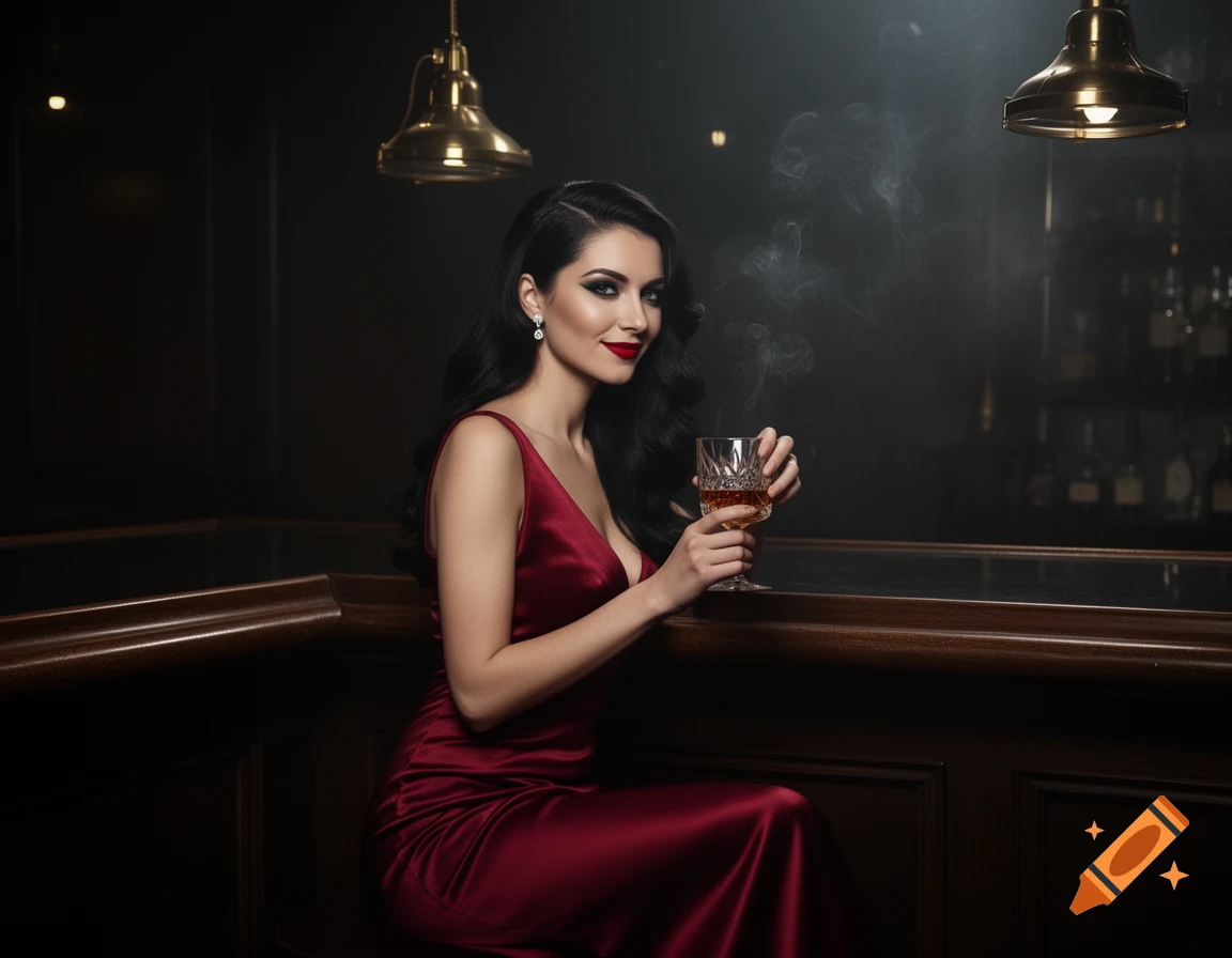 A glamorous woman in a red dress sips a drink at a dimly lit bar, smoke curling in the air, photorealistic.