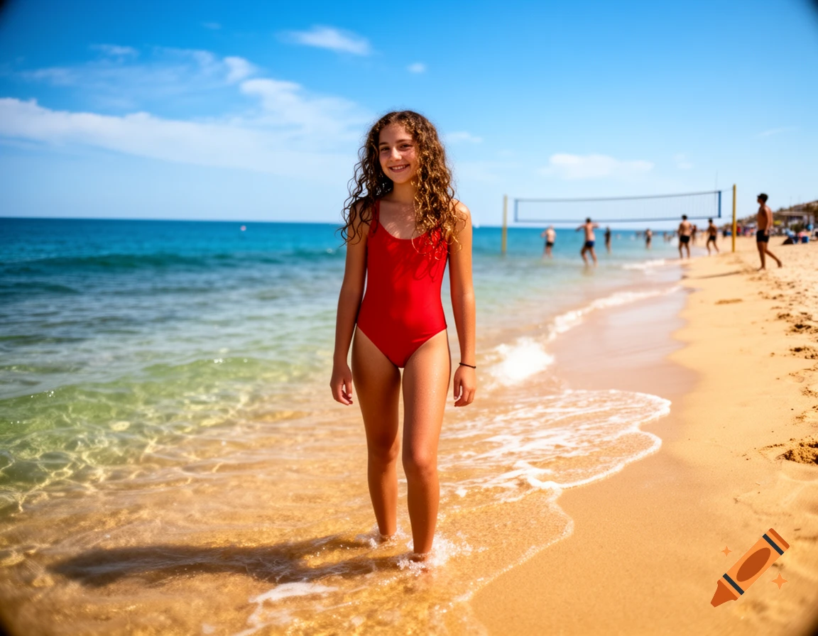 A smiling young girl in a red swimsuit stands in the shallow ocean water on a sunny beach with volleyball players in the background.