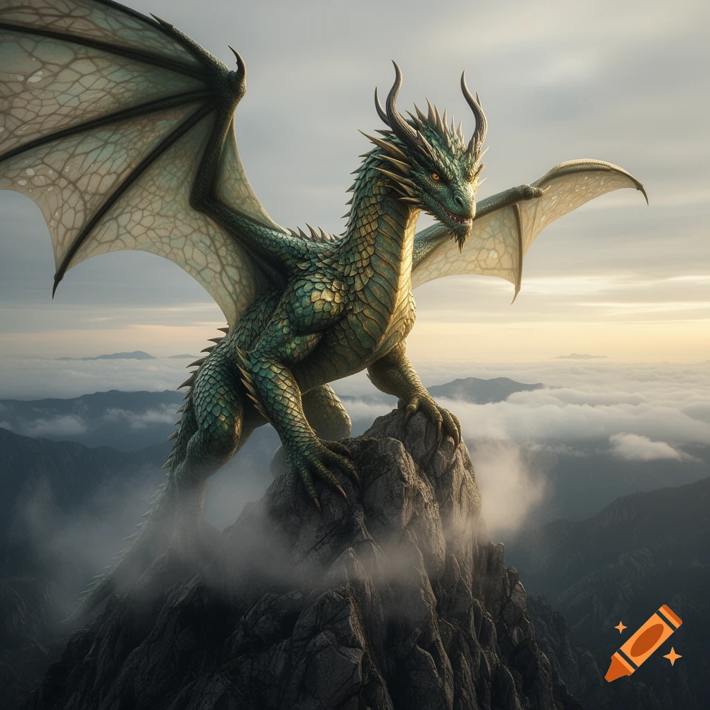 A majestic green and gold dragon with large wings stands atop a misty mountain peak at sunrise, overlooking a cloudy landscape.