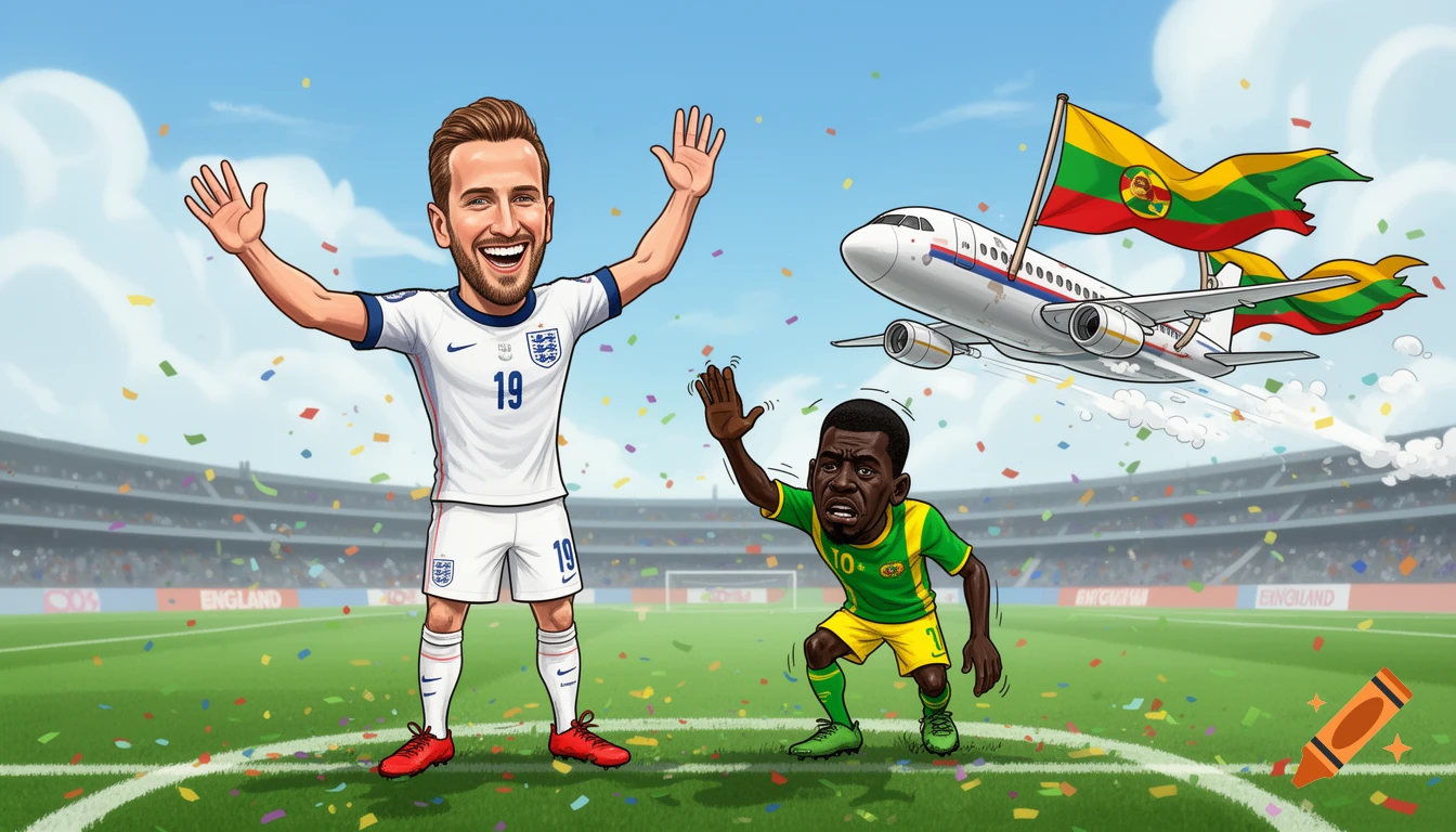 Cartoon of Harry Kane waving cheerfully at a sad Congolese soccer player as an airplane flies overhead in a stadium with confetti.