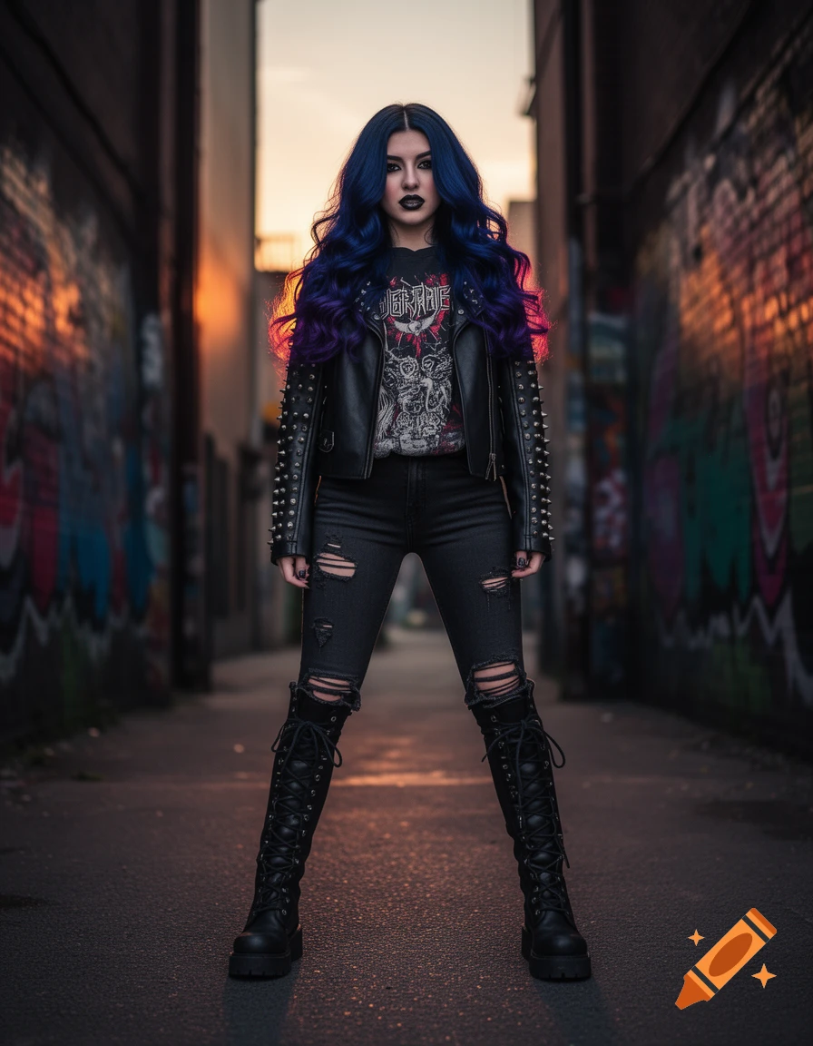A young woman with blue-purple hair, dark makeup, a studded leather jacket, graphic t-shirt, ripped jeans, and combat boots stands in a gritty alley with graffiti walls.
